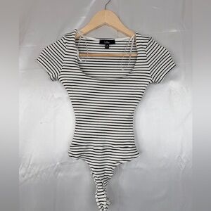 Lulus‎ Black White Striped Ribbed Bodysuit Cap Sleeve Size M